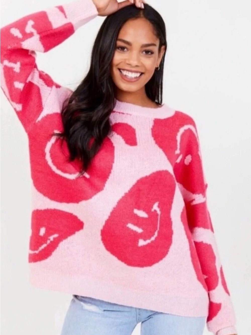 Feminine Winter Pink Sweater with Smile Motif